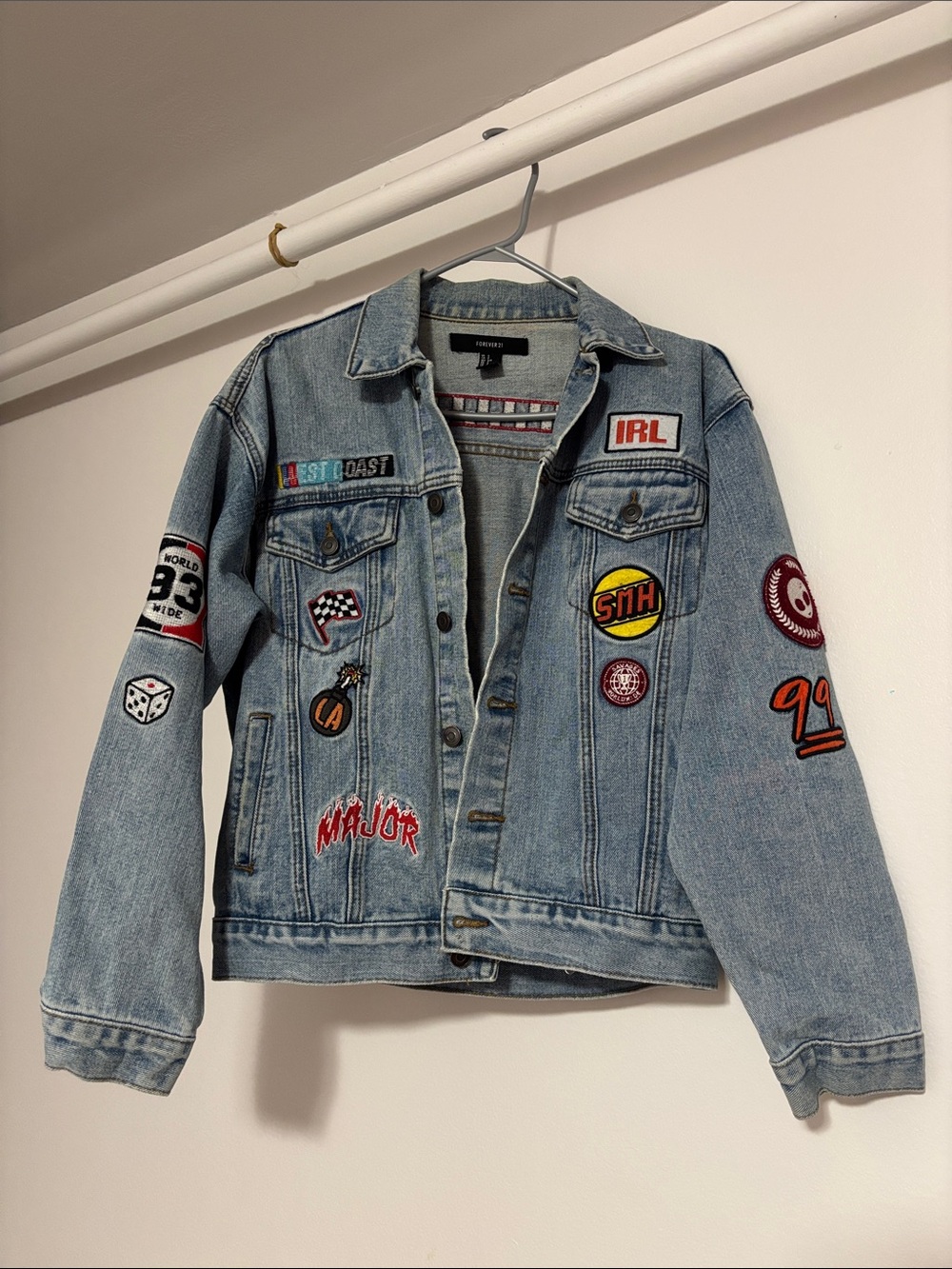 Forever 21 Light Blue Denim Jacket with Assorted Embroidered Patches